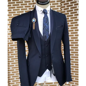 Темно синие костюмы для мужчин Slim Fit из 3 предметов Новейшего дизайна, сшитые на заказ Комплекты свадебных пиджаков для жениха, мужская одежда, официальные мужские наряды