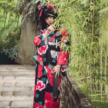 Традиционное женское вечернее платье в японском стиле, костюмы Гейши для косплея, винтажное женское кимоно с цветочным принтом, платье Юката