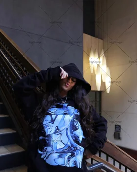 Уличная модная куртка в стиле хип-хоп с черным принтом, ретро, свободный пуловер с капюшоном, женская толстовка Harajuku, американская повседневная толстовка оверсайз, мужская толстовка