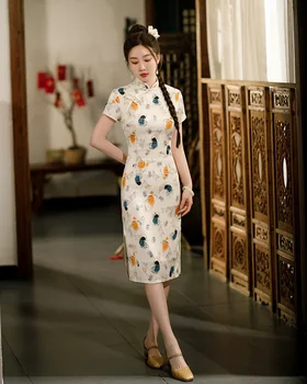 Элегантное винтажное платье Ципао из атласа с воротником 