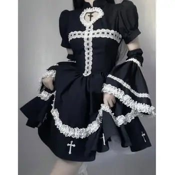 Японское черное платье в стиле Лолиты, женские платья миди с кружевными оборками, высокое качество, универсальное милое платье Y2k Kawaii