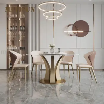 Ярко-белый круглый обеденный стол с поворотным столиком Современный минималистичный итальянский светильник, Роскошная дизайнерская мебель из мрамора высокого класса с каменной столешницей
